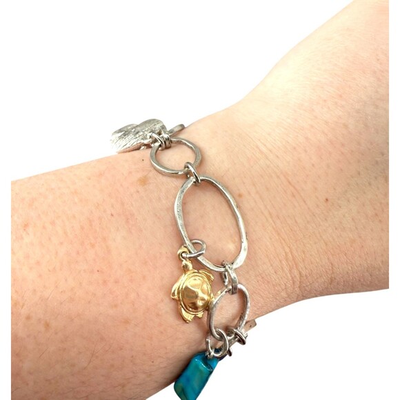 J. Jill Multi-Charm Bracelet Metal Blue Rising Tides Shell Fish Turtle Sea Life - Picture 13 of 14